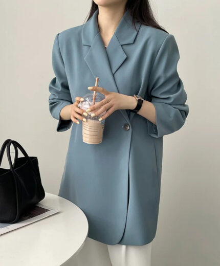 Women Blue Button long sleeve blazer