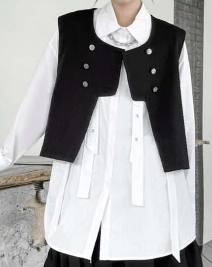 Black Double breasted Vest Round Neck Sleeveless